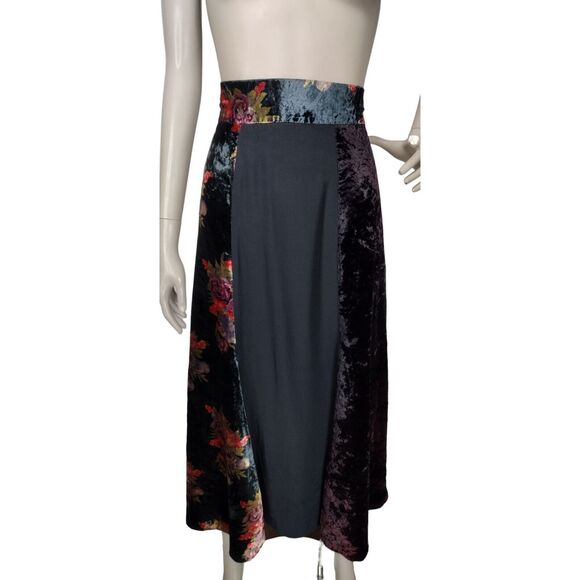 Vintage 90s Black Velvet Burgundy Floral Paneled Gypsy Bohemian Long Maxi Skirt - Picture 7 of 12